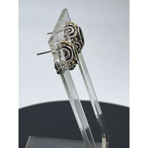 BJC Samuel Benham Sterling Silver Sign 14k Gold Oval Peridot Stud Omega Earrings - Picture 15 of 16